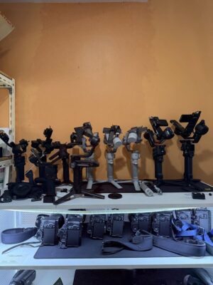 Gimbal stabilisers ready for an event shoot