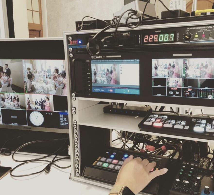 Live streaming switcher and multi-camera monitors at an event