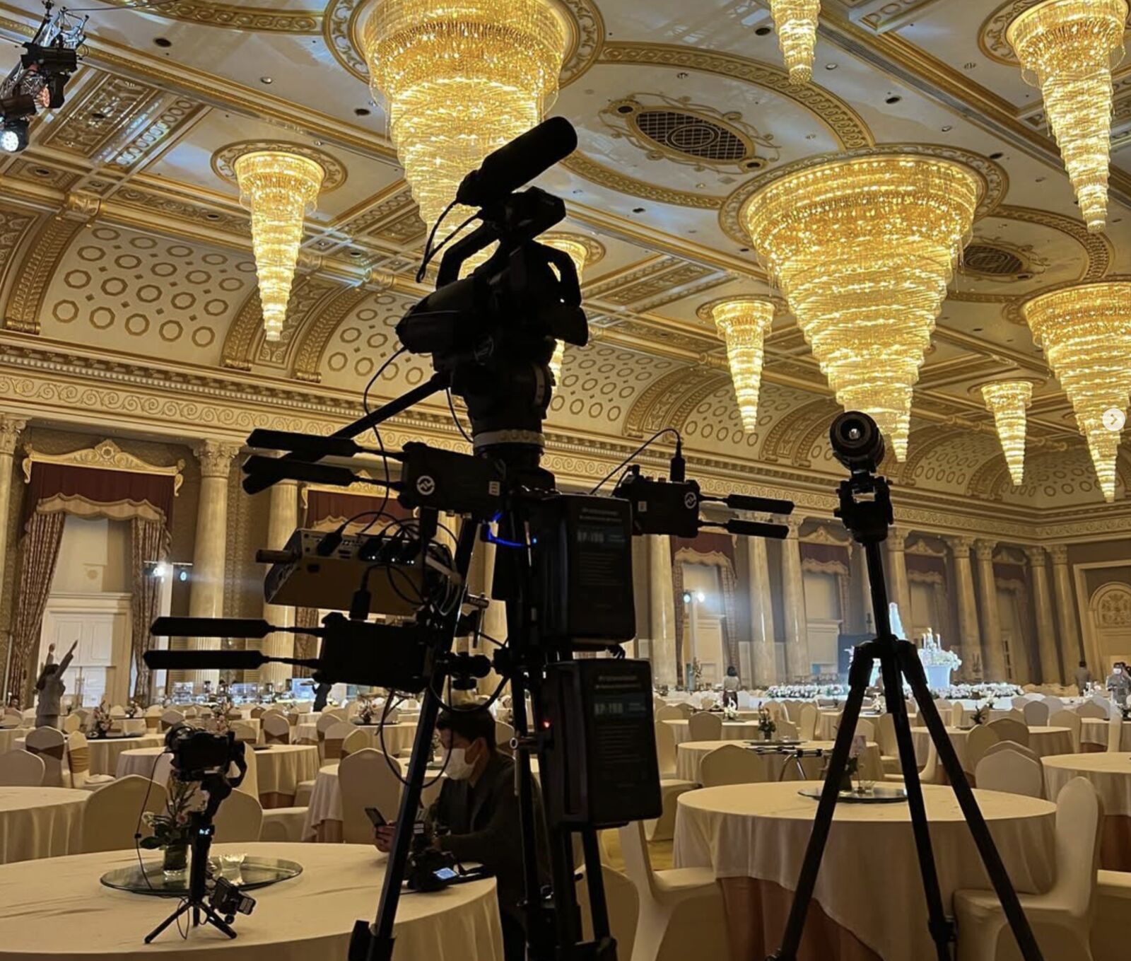 Cinema and live streaming cameras set up in a Bangkok hotel ballroom